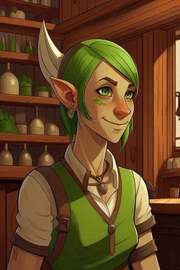 strong tomboy young woman who works at a tavern with pointy ears and green skin