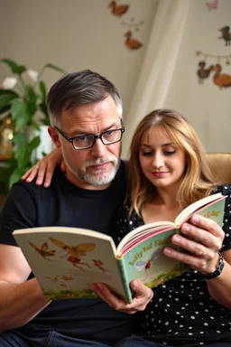 A man, curious and slightly skeptical, picks up his wife's fairy book for the first time. As he flips through the pages, he finds himself drawn into a world of enchantment and wonder. The delicate illustrations of fairies, each with their own unique charm, captivate his imagination. He begins to understand why his wife loves this book so much, and he feels a newfound appreciation for the magic and beauty that it brings into their lives. The experience becomes a shared connection, deepening their