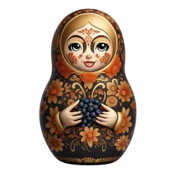 draw matryoshka dolls, the matryoshka is smiling, the kind sweet face of the matryoshka doll, behind the matryoshka Russian patterns in the style of Khokhloma, Khokhloma with gold and black flowers, in the hands of matryoshka blueberries