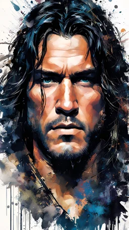 Face portrait of Conan the Barbarian. biohazard warnings. shell shock. post traumatic visions. chromatic aberration. rgb channel separation. amalgamation of ghost and machine. spirit metamorphosing into human. howard pyle. carne griffiths. Satoshi hashimoto. Joan Semmel. derek gores. akihiko yoshida. greg rutkowski. Ronan Le Fur. Dylan Kowalski Base Image: