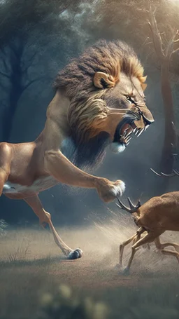 A lion attacking a deer, a realistic picture, a cinematic scene, more accuratehdr 8k