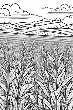 coloring page, field of wheat, cartoon style, thick lines, low detail, no shading