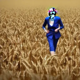 theresa may in robot armor, running through fields of wheat, sunshine, daytime, future, dystopian, hyperrealism