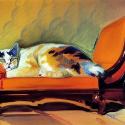 oil portrait of tricolor pattern Cat sleeping in a sofa by Joaquín Sorolla 8k