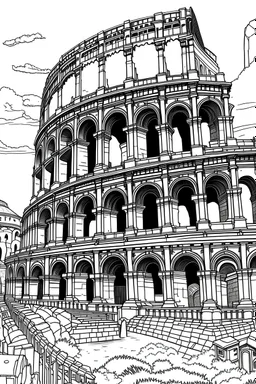 imagine prompt coloring page , "Illustrate the grandeur of the Colosseum in Rome, capturing its iconic architecture and historical significance. Convey a sense of awe and reverence associated with this ancient Roman amphitheater, without people, a white background 9:11