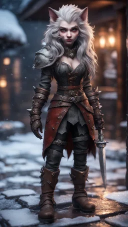 wolfs mane, full figure with metallic stone gauntlets holding dark jagged dagger, standing on frozen wet tiled floor outside fantasy tavern, focused female brownie vampire gnome from worms armageddon wearing makeup, bokeh like f/0.8, tilt-shift lens 8k, high detail, smooth render, down-light, unreal engine, prize winning