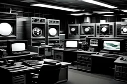 still shot; action scene headquarters in remote underground bunker housing a cavernous array of observation screens monitoring every physical address around the globe. from a fictitious mid century b&w white sci-fi horror mystery themed hit tv show. the basic premise is that televisions are actually giant telepathic cameras. it sees & knows all. mass mental surveillance is global pro photo real