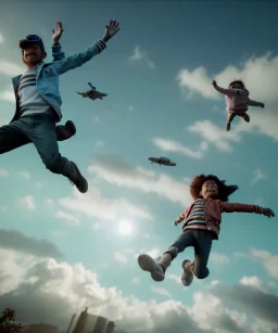 Ultra realistic thriller sky scene, portrait, Childs free jumping flying with trinkets, smile, happy, Wes Anderson style, wind, clouds, stratosphere, soft color, highly detailed, unreal engine 5, ray tracing, RTX, lumen lighting, ultra detail, volumetric lighting, 3d, finely drawn, high definition, high resolution.