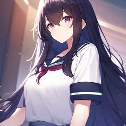Clear focus, High resolution, Black long hair, fluffy hair, purple eyes, wearing a sailor uniform, rough line