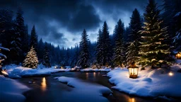 christmas,festive,fir forrest scenery,forest,creek,nature,night,snow,lanterns,fir tree,night ,cloud,holy night