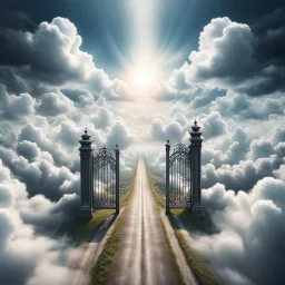 Hyper Realistic Aerial View Of Heaven's Road On Heaven's Sky & Heaven's Huge Fancy Gate With White Clouds At Cloudy-Day Environment Showing Dramatic & Cinematic Ambiance.