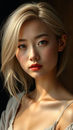 grant wood painting style , a portrait of a beautiful asian woman with blond hair , front view with dark brown side lighting background, ultra high quality with ceramic lighting