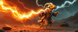 a space sheep wizard in robes with no hair or wool, and orange lizard like skin, running crazy like a dino, dropping lightening with a hammer like Thor