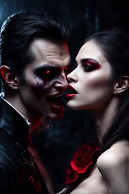 male vampire biting the neck of a young woman, dark fantasy, photorealistic