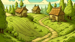 Cartoon style: far far away, down the hill between trees, a very small tiny wooden house