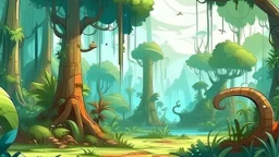 Cartoon illustration for children: Cenozoic rainforest, millions of years ago, with towering prehistoric trees and strange looking gigantic plants