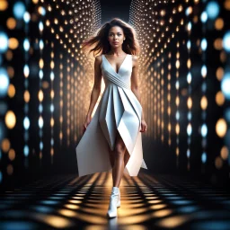 A full-body shot of a beautiful lady walking and looking at the camera 3D fractal interstellar world. The image uses a blurred bokeh effect, folded paper aesthetic, geometric precision, sharp subjec