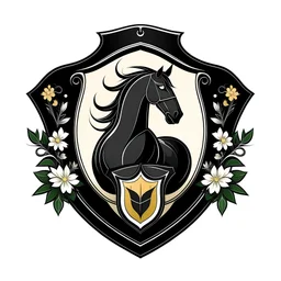 Create an elegant shield logo with a black horse in the middle, and a waterlily. The shield has flowery features