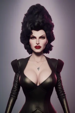 Rita Hayworth as evil queen in black leather, busty, cleavage, curvy, angry, stern look. character design by cory loftis, fenghua zhong, ryohei hase, ismail inceoglu and ruan jia. unreal engine 5, artistic lighting, highly detailed, photorealistic, fantasy