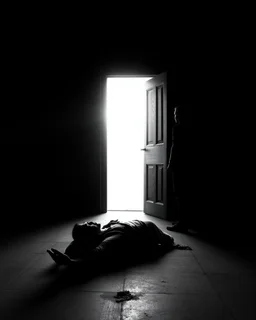 In a dark room, light streams in through an open door symbolizing new possibilities, hope, and overcoming problems.a man is laying down dead , a man is standing looking at him