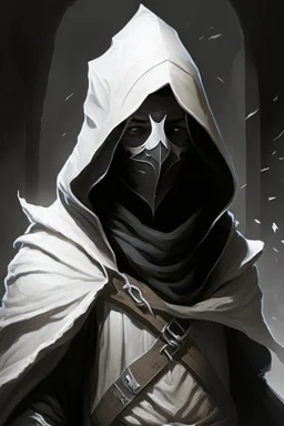 dungeons and dragons man wearing black robes and hood wearing a white mask