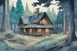 retro anime style, full color, dark serious 1980s anime style, A western cottage in the forest, watercolor, forest,