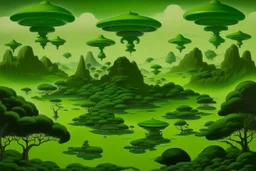 A green plateau with hovering UFOs designed in Javanese shadow puppets painted by Lucas van Leyden