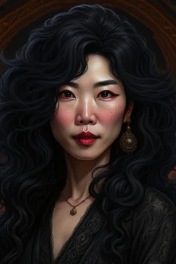 /image prompt:portrait of a mature asian goth woman with wavy black hair, fantasy style, realistic style, highly intrictae details, high quality, 8k