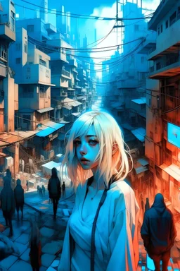 Dystopian world, without nature, moderne city, bright and monoton colors, white,, beauty is important, there is electricity on the houses, with a lot of people in the background, in the city people are more detailed and are blonde with blue eyes, all look the same and very pretty and we see them from the front, in the back there is blood, not in the front, the people have a fake SMILE