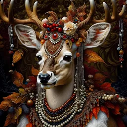 Beautiful deer portrait I amazing ly detailed textured botanical fur and textured skin adorned with berries, autumn ginger and orange leaves and white camelia flower, and copper beads and pearls rococ style headress, wearing humanoid rococo floral detailed ornate lace style costume organic bio spinal ribbed detail of moonlight background extremely detailed hyperrealistic maximálist concept art