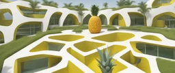 A tourist resort in the shape of a pineapple, interior design, facade