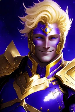 galactic man blond haired deep purple eyes smile knight of sky captain of vessel blue gold armor
