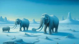 A cyan snow covered tundra with electrical mammoths designed in German folk art painted by Caspar David Friedrich