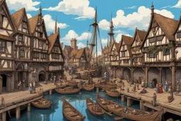 gothic medieval wooden harbour with piers and ships, people, shops, bridges, arches, balconies, taverns, blue sky