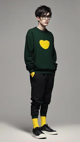 generate a tall guy with green eyes, black short hair, black rectangular glasses, plump lips, wide shoulders, in a black sweatshirt, black pants with pockets on the hips, yellow short socks, in black sneakers, wide shoulders, the guy is crying