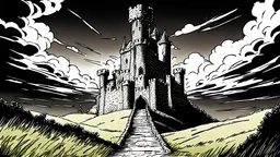 dark roon in castle, anime, monochrome, black background, ink, simple, maximum quality, broken hinge, barely functioning, centered on frame, far view, in the middle of a grassy hill, white sky with cumulonimbus