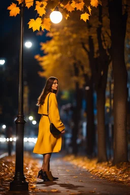 night yellow lights over the street trees autumn leaves under feet ,a Student adult girl with books in her hand walking in street looking to camera a boy who loves her flowing her from distance back