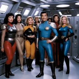 Noonien Soong, creator of data, as an adventurer in dusty Star Trek uniform surrounded by women Augments in fishnet costume and leather belts carrying heavy phaser weapons , they are in front of the airlock in the USS Enterprise