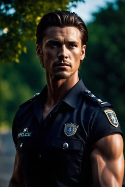handsome muscular male police officer age 25 with shoulder length hair and a goatee. Standing by the roadside. Trees in the background. Photorealistic. 4K. Dark Romance