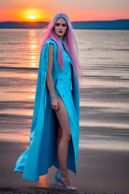 half body shot,realistic portrait of a 20-25 old caucasian model, long blue pink flowing hair, great grey eyes, blue leather jacket,full body, short white skirt,long legs,standing at beach of very nive lake with sunset ,clouds,godrayes