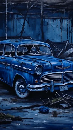Bosch painting style nightmare , an old abandoned 1960 a dark blue show the whole view of Ford car