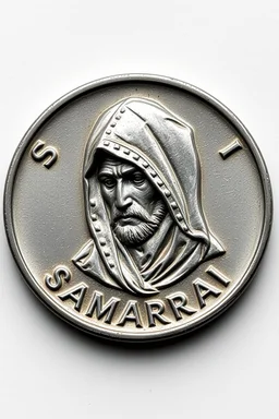 view of the word, Samarrrai , on a coin ,with picture of , hooded man head in the middle of the coin