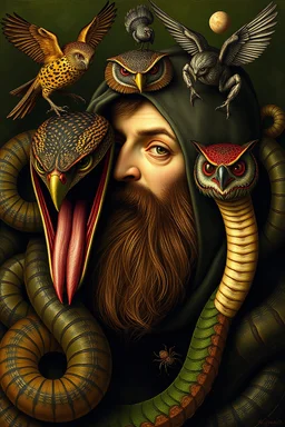 Hieronymus Bosch Style high quality picture in side snakes , men with perk mouths, owls, spiders