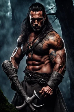 Jason David Frank Very muscular man with long hair and tribal tattoos in barbarian clothes with silver axe in forest, realistic face, close-up, brutal, dark fantasy, smoke in the sky, lightnings, rain, intricate details, hyper detailed