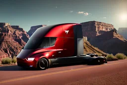 A Tesla 'Semi' (semi truck) is parked, in the 'Grand Canyon National Park'. (CINEMATIC, WIDE ANGLE LENS, PHOTO REAL)