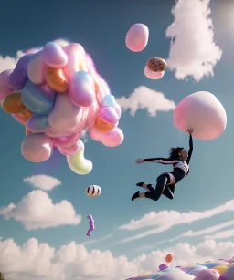 Ultra realistic speed clouds sky scene, wide angle view, sweet women falling down, inflatable color clothing, free jumping flying, many trinkets, hair monster, many jelly beans, balls, color smoke, smile, happy, circus style, extreme, wind, clouds sea, 20,000 feet altitude, stratosphere, soft color, highly detailed, unreal engine 5, ray tracing, RTX, lumen lighting, ultra detail, volumetric lighting, 3d, finely drawn, high definition, high resolution.