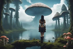 A skinny woman with a Cleopatra hairstyle, short skirt, and knee-high boots, looking out over a lake, in an alien forest, with tall cloud trees, flying mushrooms with octopus tentacles