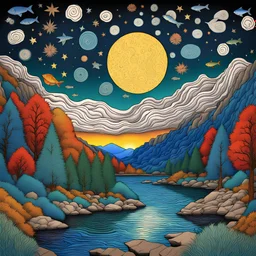 Colourful, peaceful, Max Ernst, Van Gogh, Hiroshige, night sky filled with stars, trees, rocks, waterfall, fish, one-line drawing, sharp focus, 8k, 3d, intricate, ornate