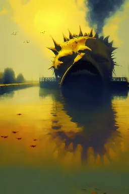 yellow water of lake with bridge of sunflowers and tanks and in fuggy sky with dim sunlight