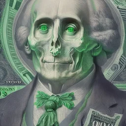 a head and shoulders portrait of a skeleton dressed in a three-piece suit as the president of the united states, based on us currency, united states one dollar bill, shades of green, real-life, colors match the united states one dollar bill, realistic, robotic,